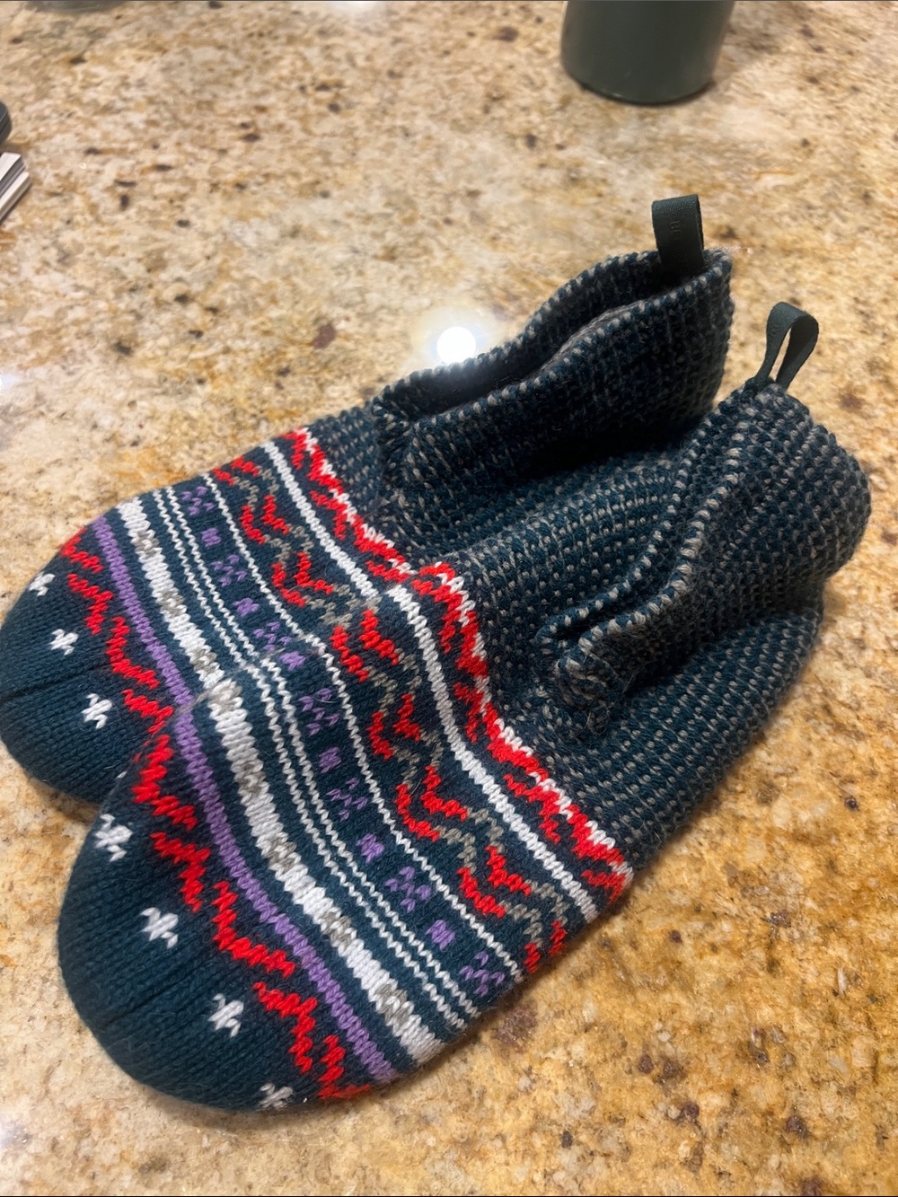 BOMBAS slipper socks, dark green, red & white fair isle pattern. NWOT, size med